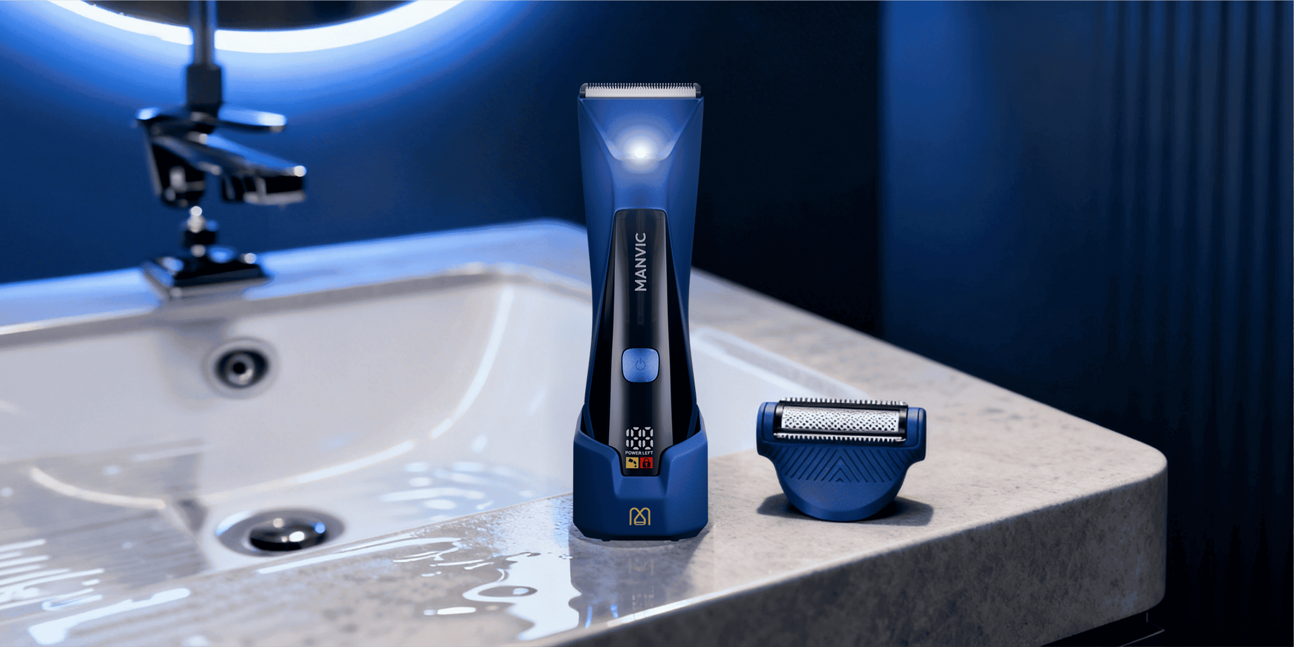 Blue electric shaver on a bathroom counter with a sink in the background